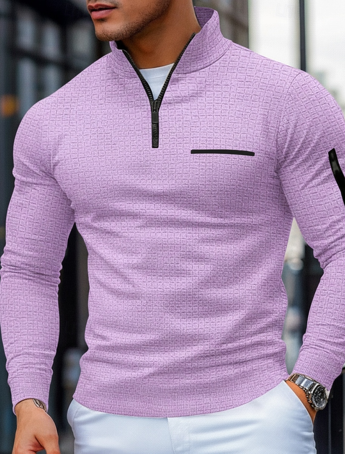 Men's Waffle Polo Shirts Zip Casual Holiday Quarter Short Sleeve