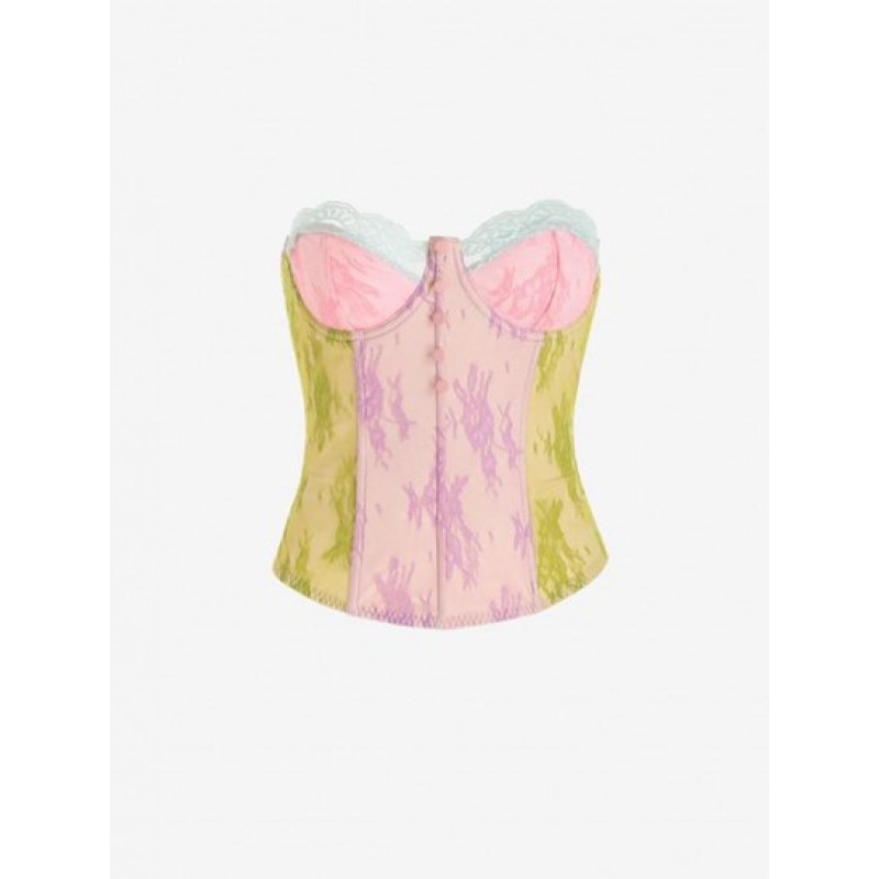Colorblock Lace Underwire Mock Button Strapless Corset Top PC8745