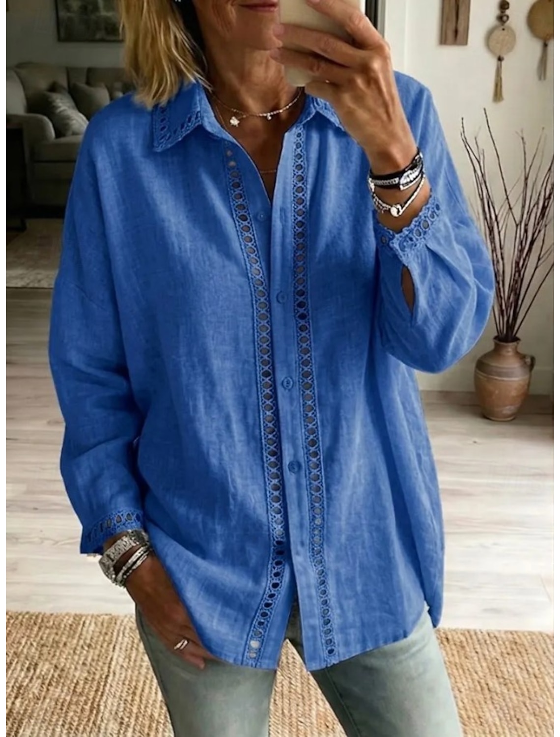Women's Shirt Boho Shirt Lace Shirt Patchwork Elegant Bohemia Vacation Long Sleeve Long Tops Casual Blue White Pink Green Light Blue Summer Spring