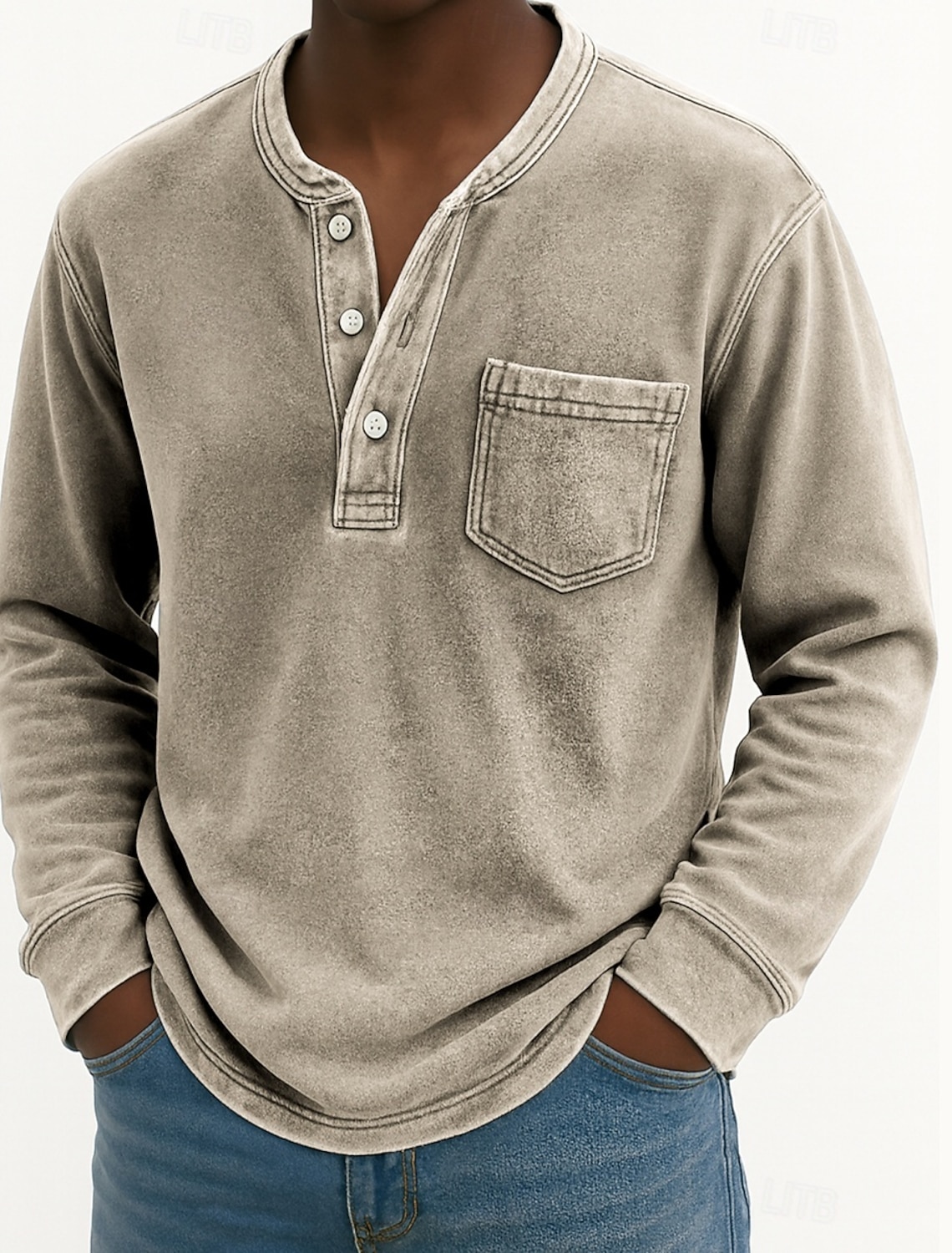 Men's Henley Shirt 100% Cotton Acid Wash T Tee Long Sleeve Vintage