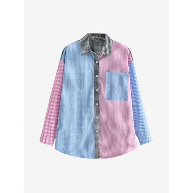 Colorblock Gingham Drop Shoulder Pocket Shirt KS8013