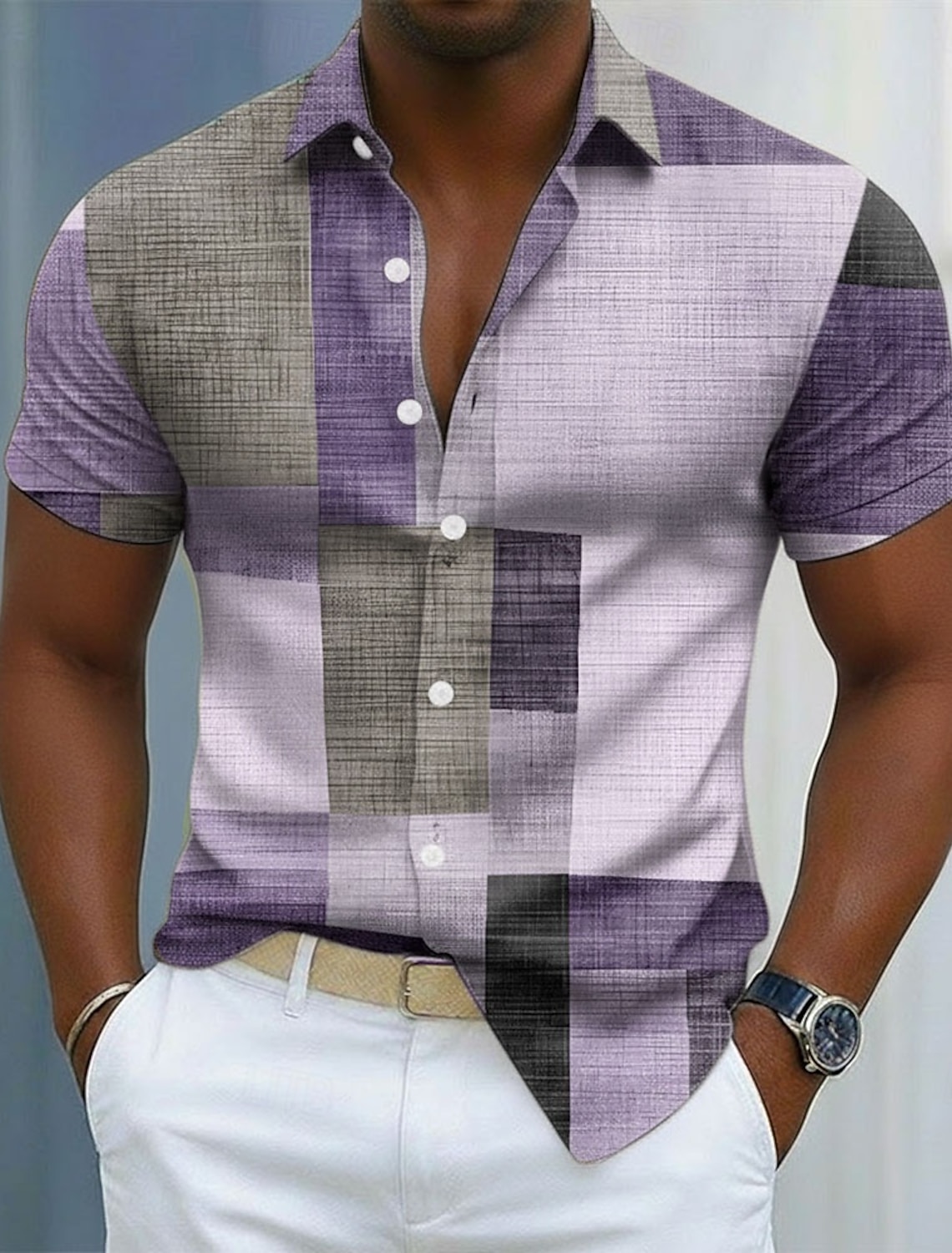 Men's Geometric Color Block Patchwork Shirt Button Up Long Sleeve