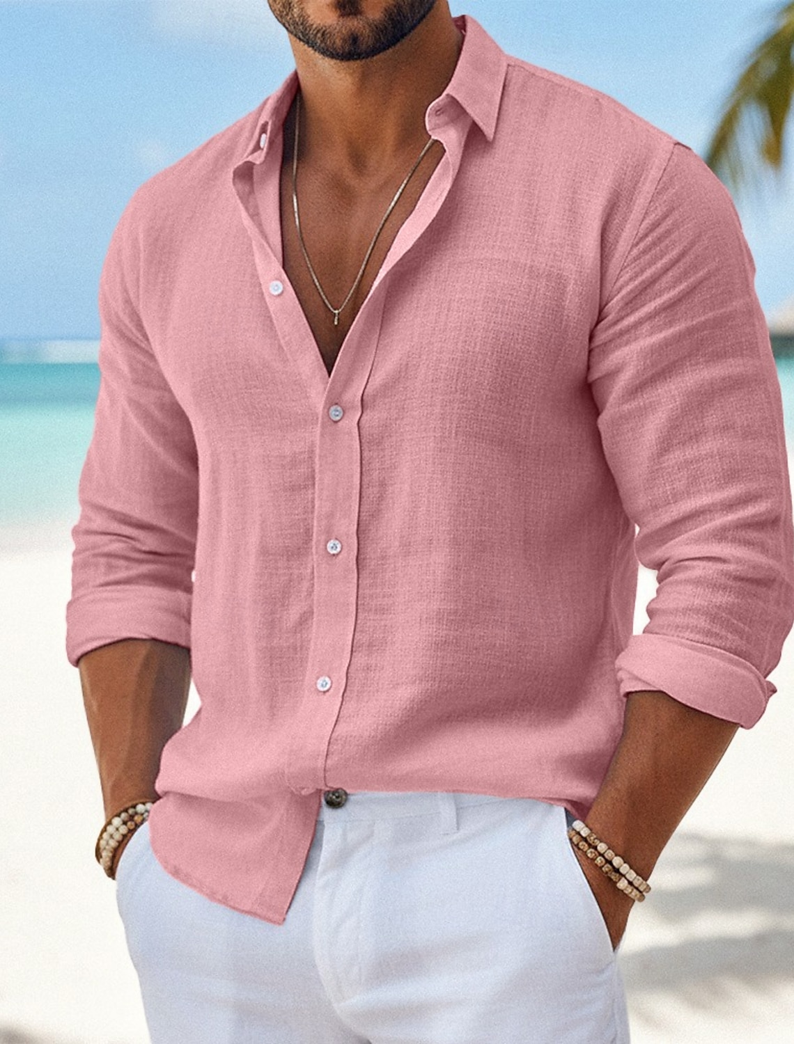 Men's Shirt Linen Shirt Summer Shirt Beach Wear Button Up Shirt Plain Casual Daily Black White Pink Green Long Sleeve Collar Spring & Summer Clothing Apparel