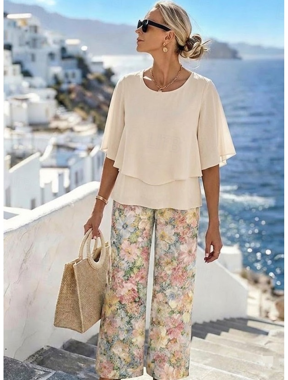 Women's Pants Sets Short Sleeve Half Sleeve Butterfly Sleeve Round Neck Floral Graphic Elegant Vacation Casual Daily Orange Green Beige Spring & Summer Regular Fit Loose Fit