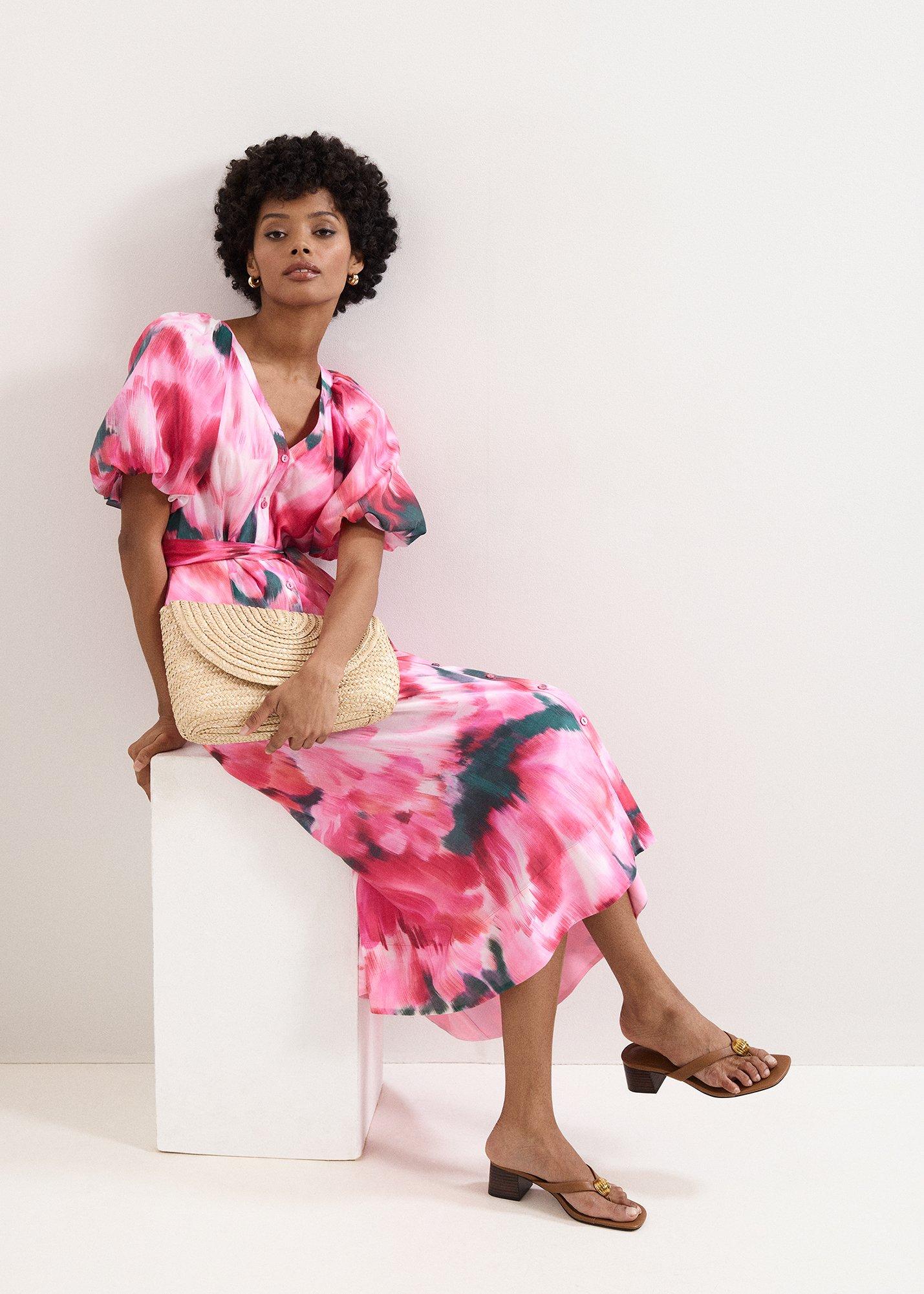 Petite Caterina Pink Floral Midi Dress
