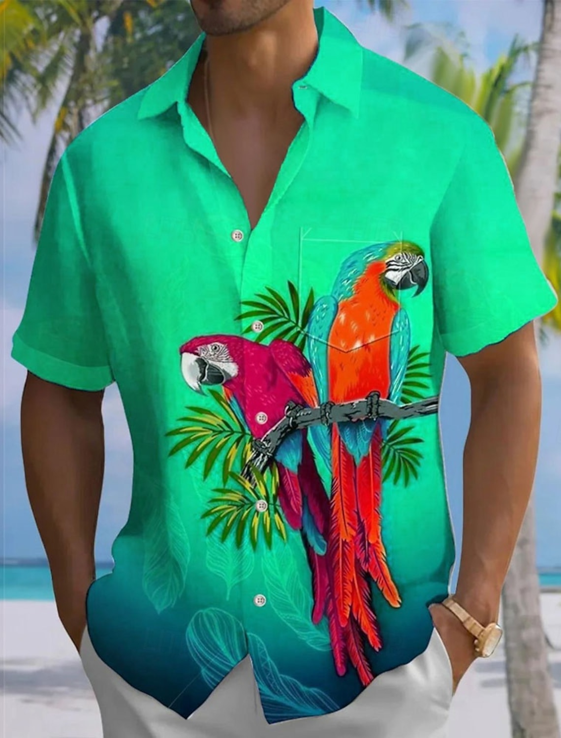Men's Animal Parrot Gradient Color Summer Hawaiian Shirt Button Up