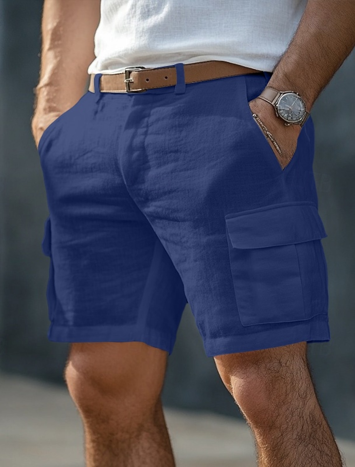 Men's Cargo Shorts Linen Shorts Summer Shorts Beach Shorts Buttons Multi Pocket Straight Leg Plain Comfort Breathable Knee Length Outdoor Business Daily Fashion Streetwear White Navy Blue