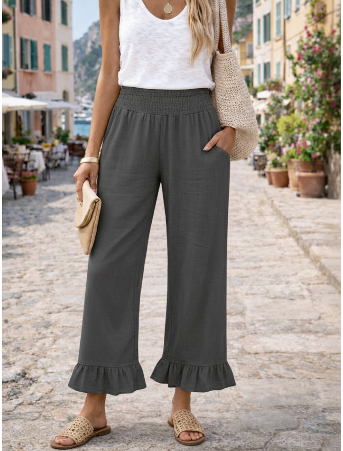 Women's Cotton Linen Pants Wide Leg Chinos Summer Pants Vacation Streetwear Basic Full Length Medium Waist Plain Pocket Elastic Waist Comfy Comfort Micro-elastic Outdoor Vacation Street claret Grey
