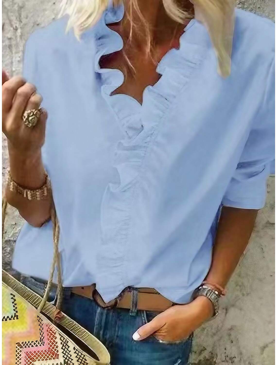 Women‘s Blouse Shirt V Neck Lettuce Trim Plain Modern V Neck Regular Spring & Fall Blue