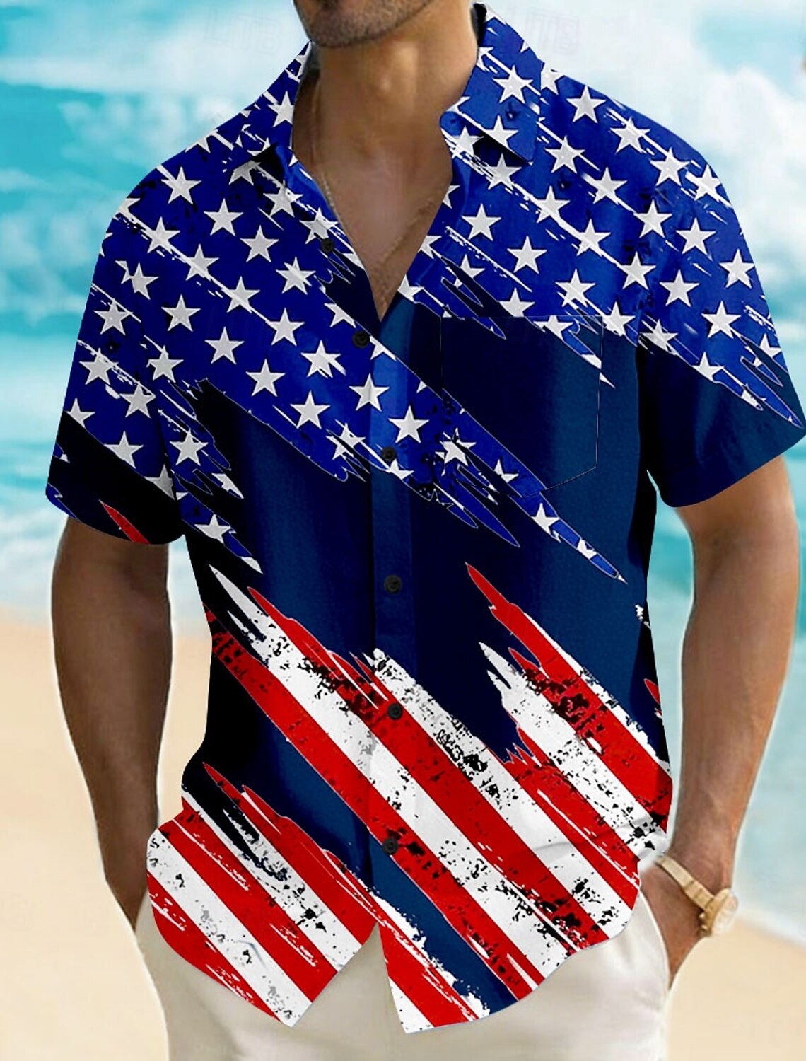 Men's 4th of July U.S. 250th Anniversary American Flag Shirt Summer Shirt Button Up Shirt Short Sleeve Patriotic Outdoor Holiday Summer Spring Turndown 3D Print Front One Pocket Linen Like Shirt Blue
