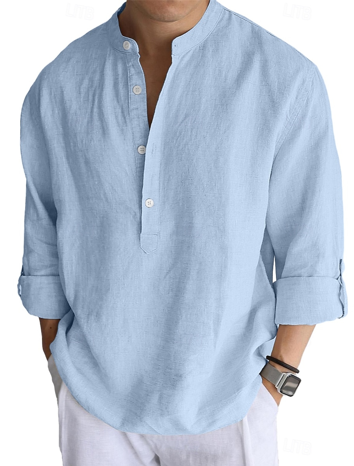 Men's Linen Shirt Popover Casual Beach Band Collar Plain Vacation