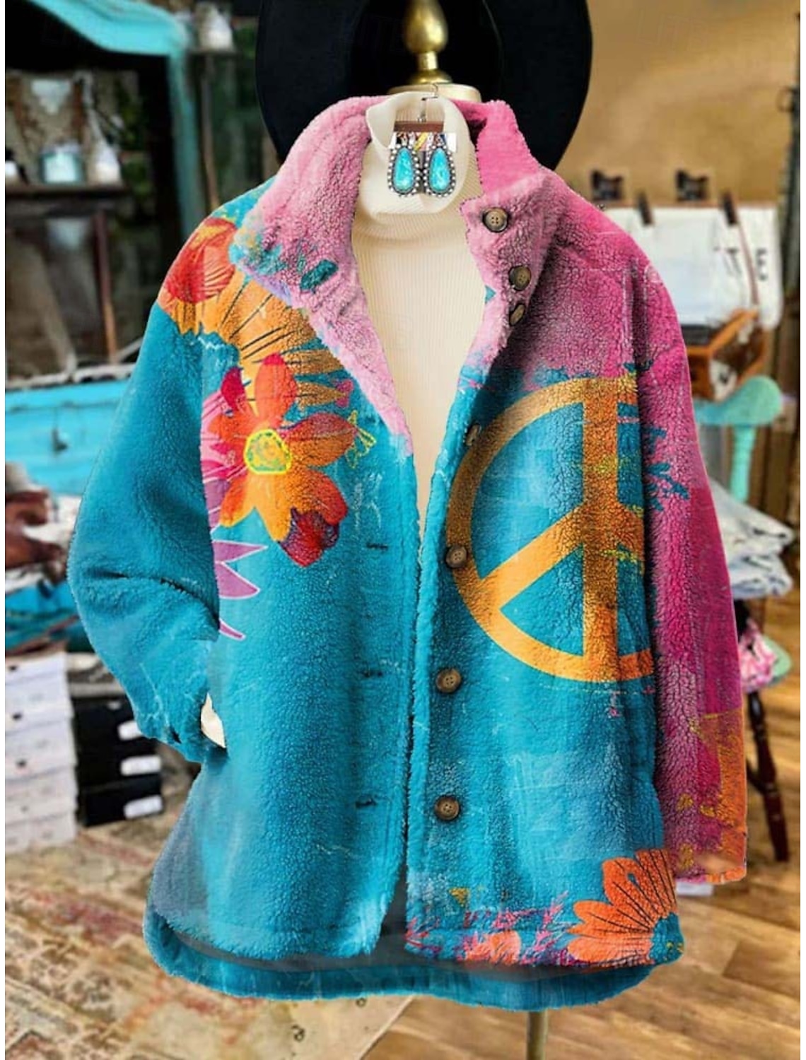 Women's Fleece Jacket Casual Jacket Comfortable Breathable Pocket Print Casual Floral Vacation Street Casual Daily Wear Zipper Regular Turndown Regular Fit Long Sleeve Outerwear Wine Blue Fuchsia