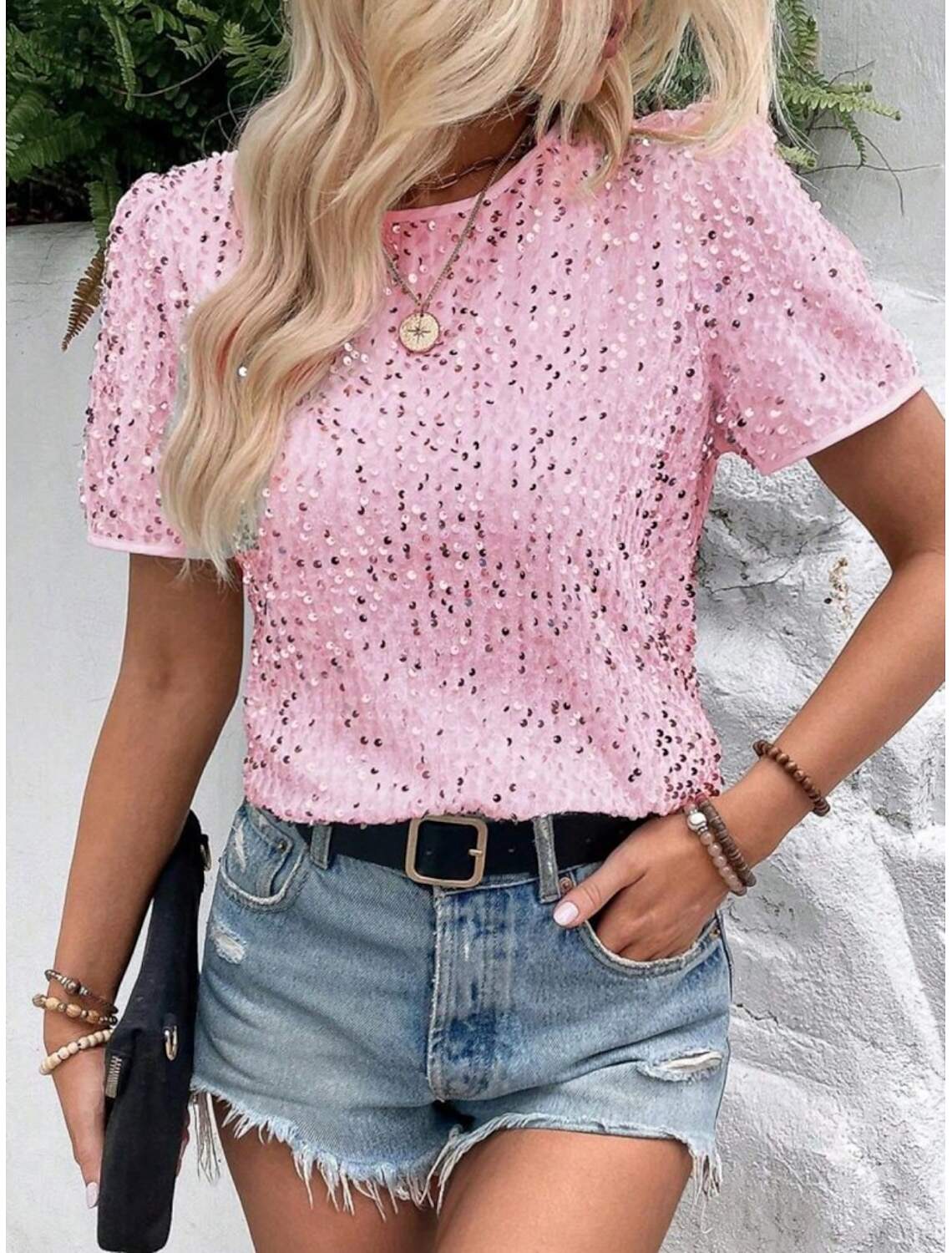 Women's T Shirt Fashion Modern Casual Plain Regular Tops Short Sleeve Crew Neck Sequins Regular Fit Daily Weekend Summer Spring
