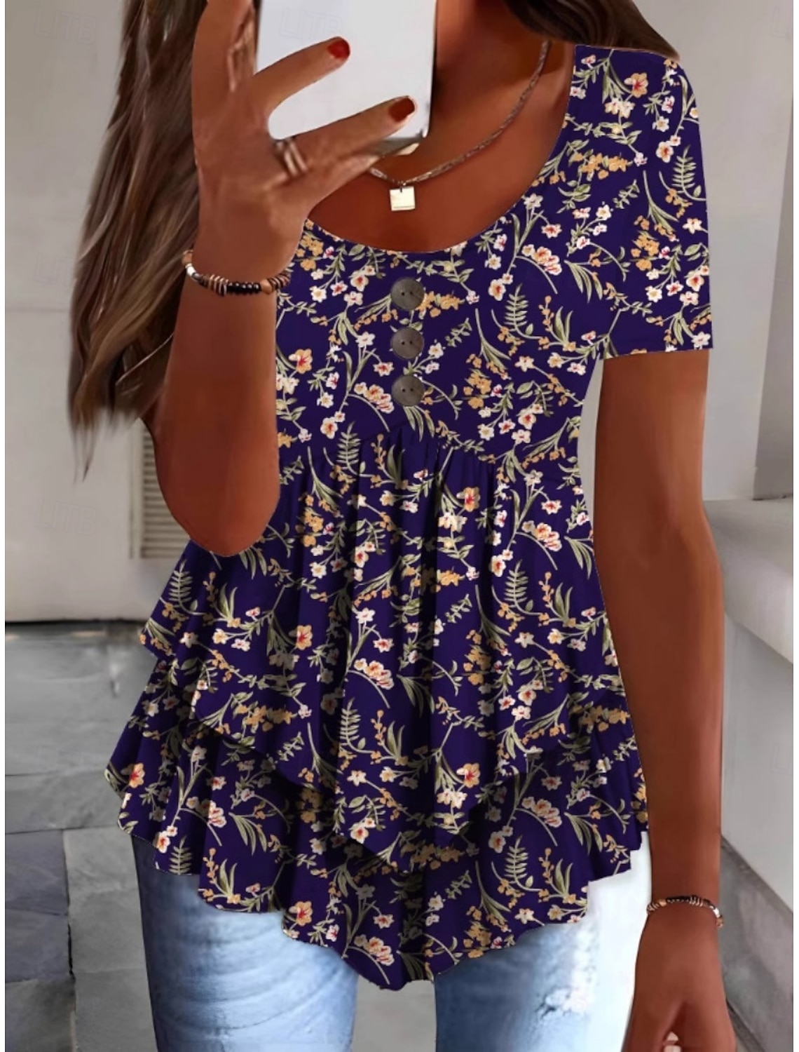 Women's Blouse Peplum Floral Stylish Casual Short Sleeve Crew Neck Regular Tops Daily Ruffle Buttons Print White Pink Red Navy Blue Blue Summer Spring