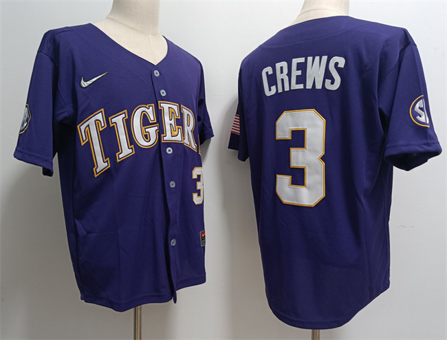 Men's LSU Tigers LA #3 Stitched Baseball Purple 2023 alternate jersey