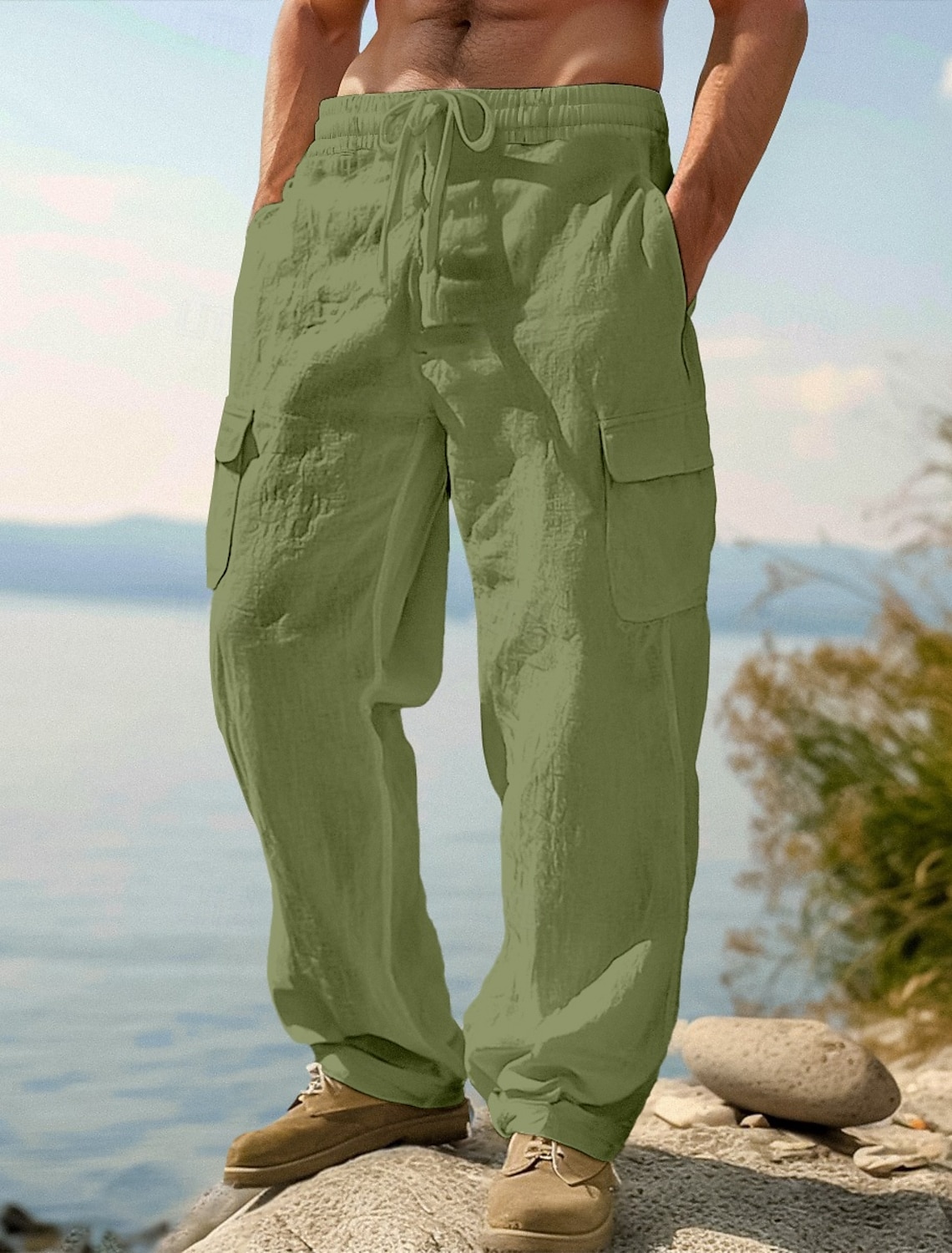 Men's Cargo Shorts Shorts Linen Shorts Summer Shorts Beach Shorts Drawstring Elastic Waist Multi Pocket Plain Knee Length Outdoor Beach Vacation Hawaiian Black White Inelastic