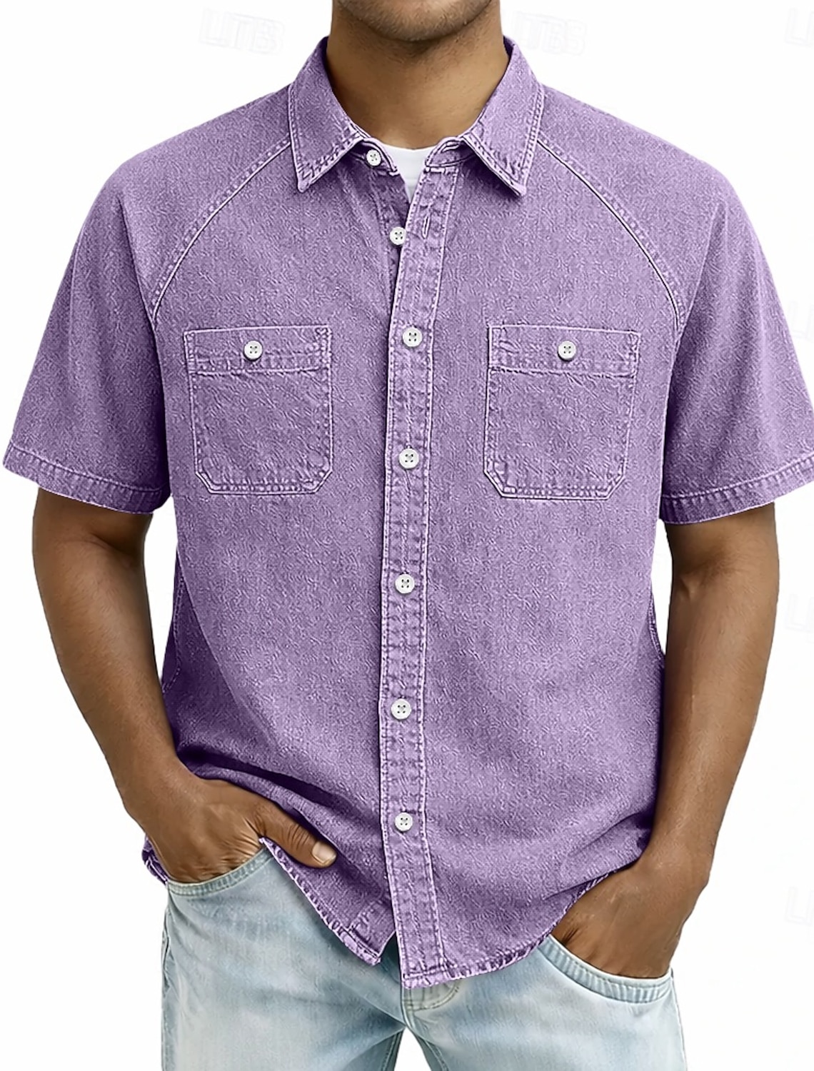 SoftFade™ Men's Shirt Casual Shirt Button Up Shirt Cotton Acid Wash Shirt Black Light Green Pink Purple khaki Short Sleeve Plain Grandad Collar Casual Daily Front Pocket Clothing