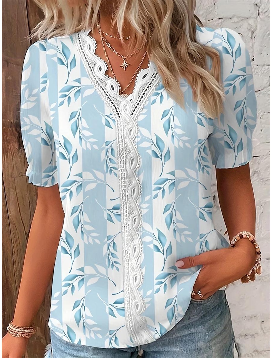 Women's Shirt Lace Shirt Blouse Stylish Modern Floral Lace Patchwork Print Short Sleeve Regular Tops V Neck Daily Sky Summer Spring