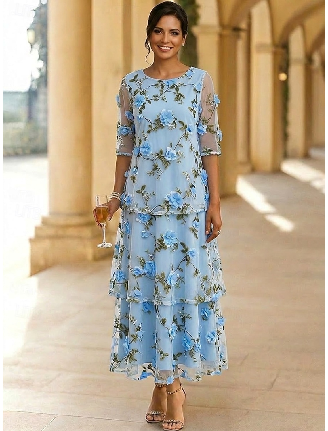 A-Line Dress Ankle Length Party Dress Cocktail Dress Mother of the Bride Dress 3/4 Length Sleeve Scoop Neck Elegant Vintage Formal Wedding Guest Holiday Chiffon Tulle with 3D Flowers Ruffles