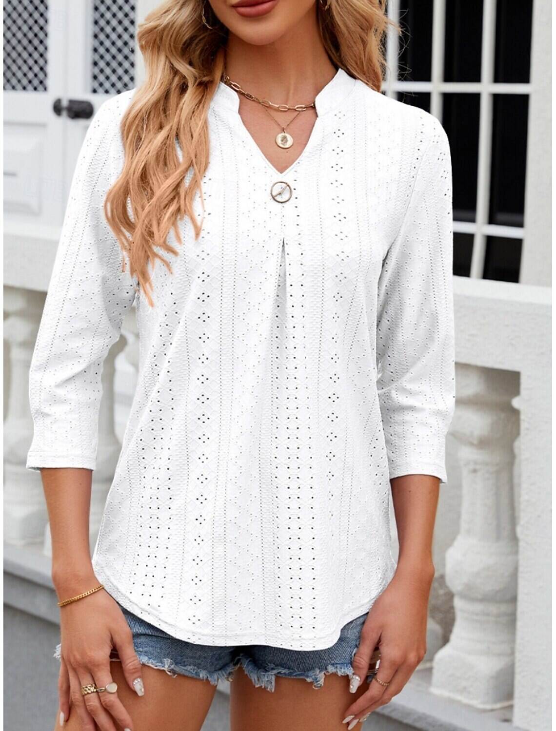 Women's Shirt Blouse Stylish Casual Floral Regular Tops Long Sleeve Notched Neck Eyelet Regular Fit Daily Summer Spring