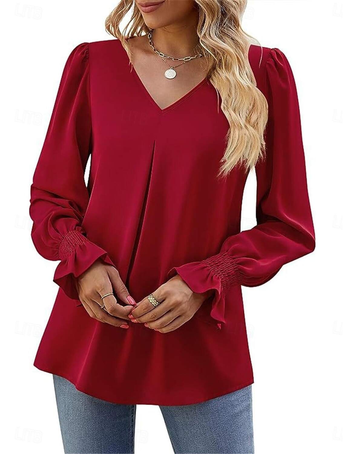 Women's Shirt Blouse Basic Casual Solid Color Regular Tops Long Sleeve V Neck Regular Fit Daily Fall Winter