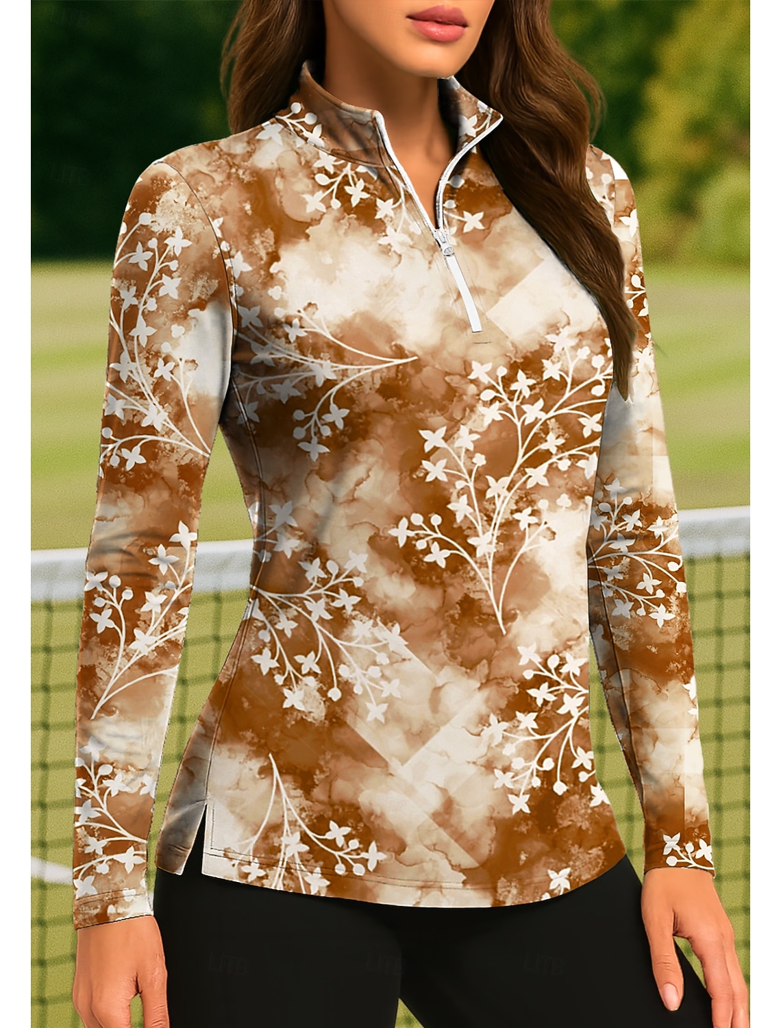 Women's Tie Dye Plants Tropical Floral Botanical Tops Golf Polo Shirt Tennis Shirt Tennis Tee Long Sleeve Print Quarter Zip Pullover UPF50+ UV Protection Elastic Breathable Tennis Golf Pickleball Zip