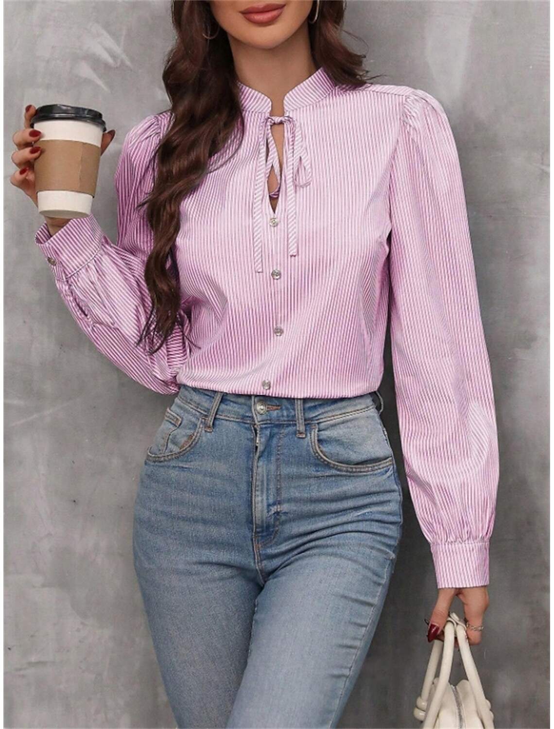 Women's Shirt Blouse Stylish Casual Striped Regular Tops Long Sleeve V Neck Patchwork Regular Fit Work Daily Going out Summer Spring Fall
