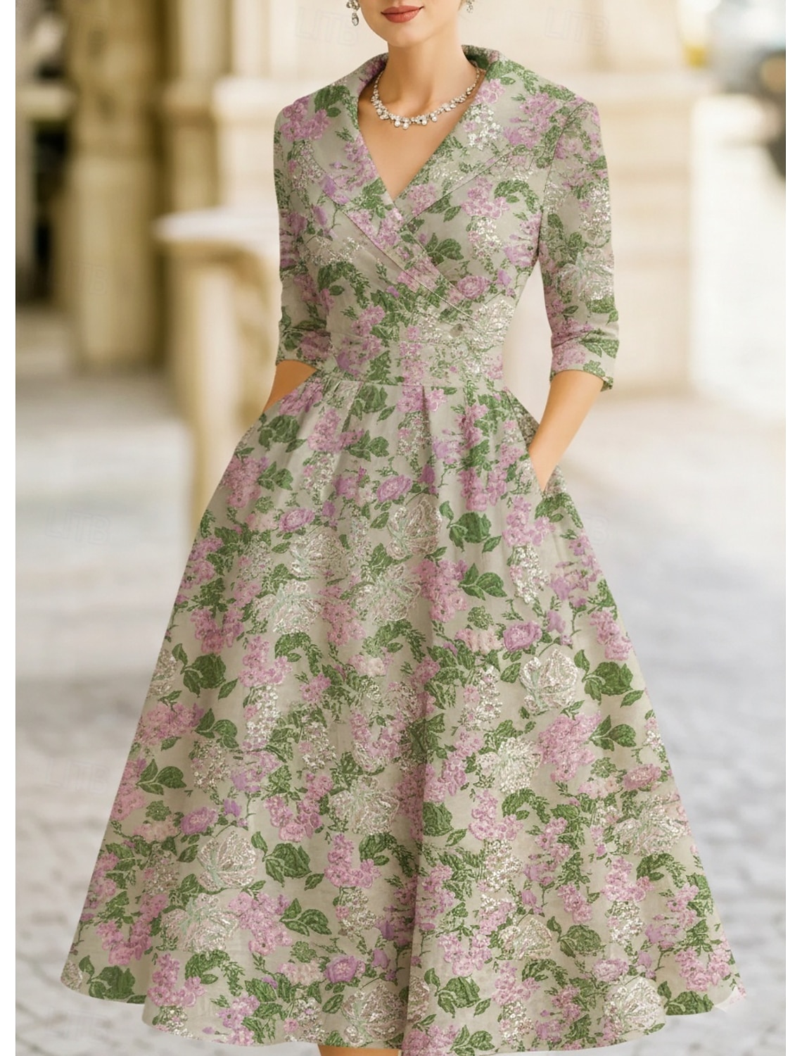 A-Line Tea Length Party Dress Cocktail Dress Wedding Guest Dress Evening Gown Elegant Vintage 3/4 Length Sleeve Shirt Collar Wedding Formal Jacquard with Pocket