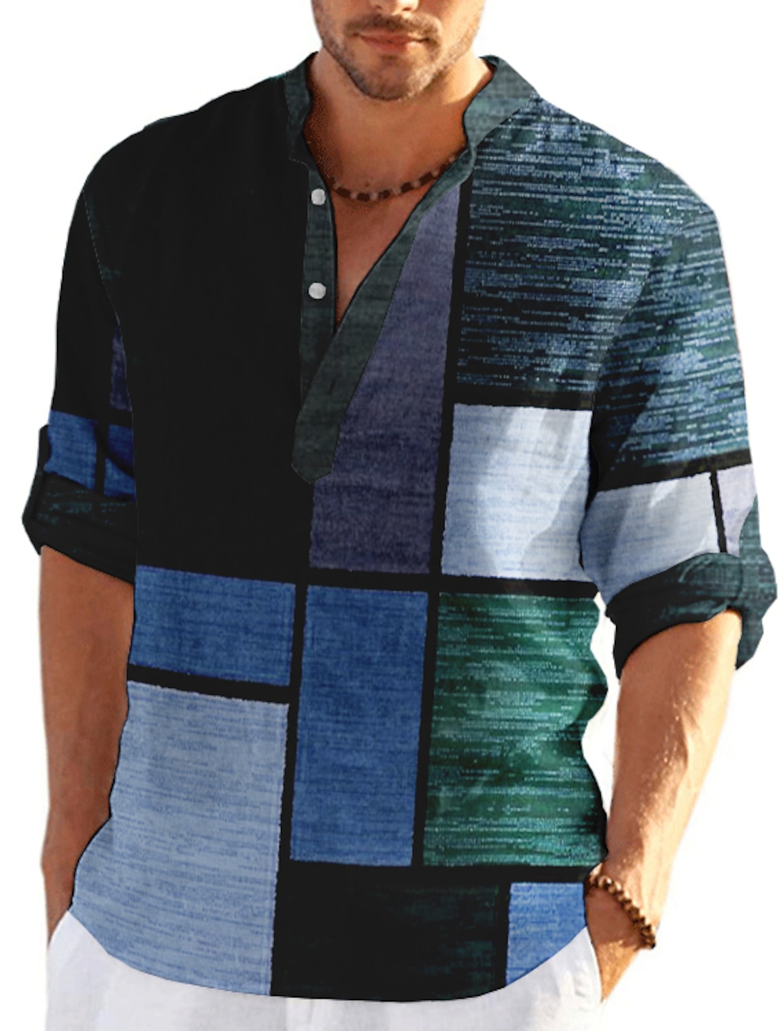 Men's Plaid / Check Patchwork Geometric Pattern Shirt Button Up Shirt Long Sleeve Fashion Streetwear Designer Casual Going out Summer Spring Fall Stand Collar Print Blue Khaki Khaki+Khaki Black White