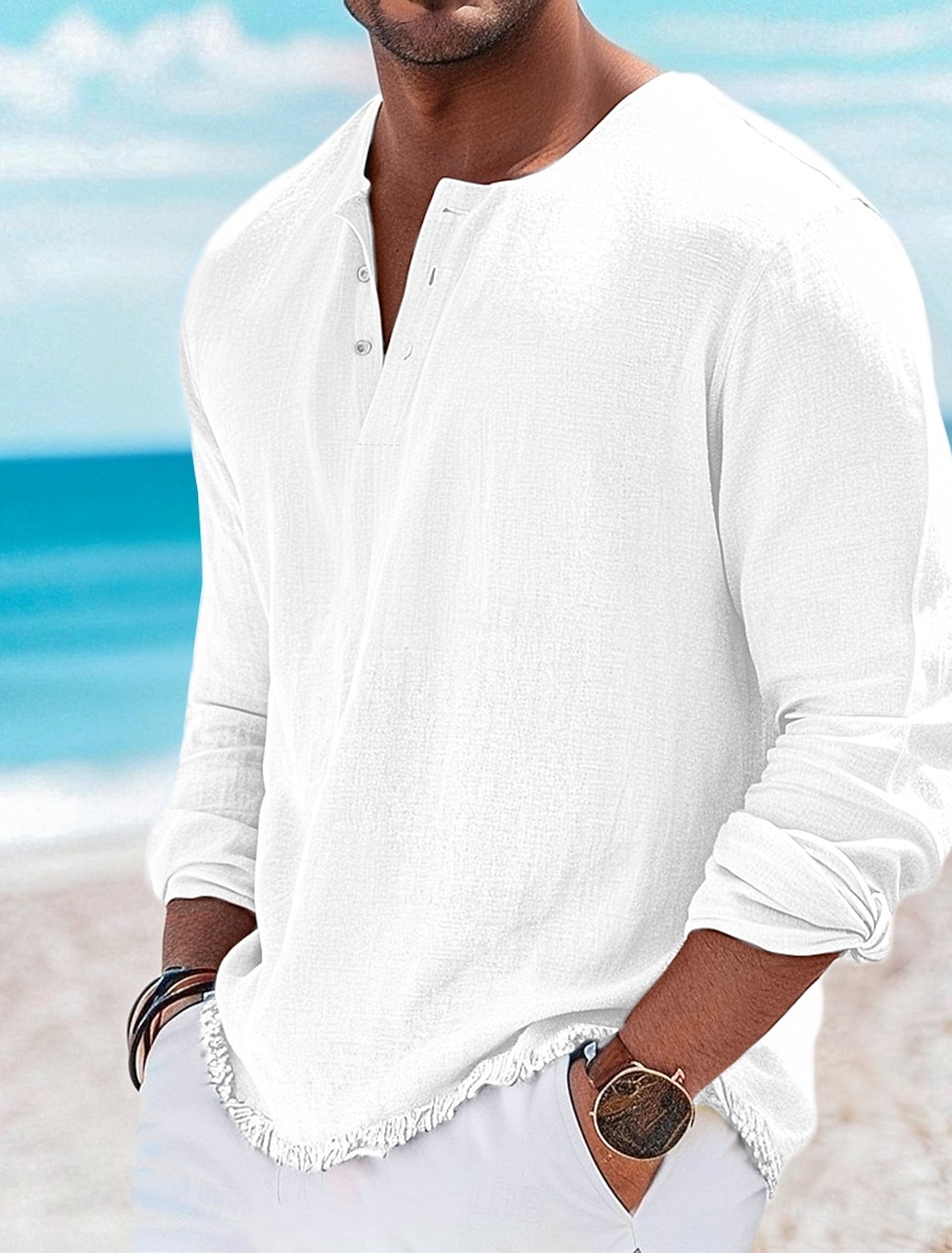 Men's Henley Shirt Tee Top Linen T-Shirt Long Sleeve Solid Color Plain