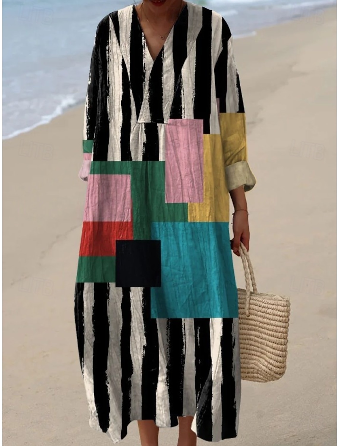 Women's Midi Dress V Neck Long Sleeve Kaftan Lightweight Loose Fit A Line Dress Casual Boho Party Going out Loose Fit Graphic Geometric Stripe Long Sleeve V Neck Black Yellow Blue Orange