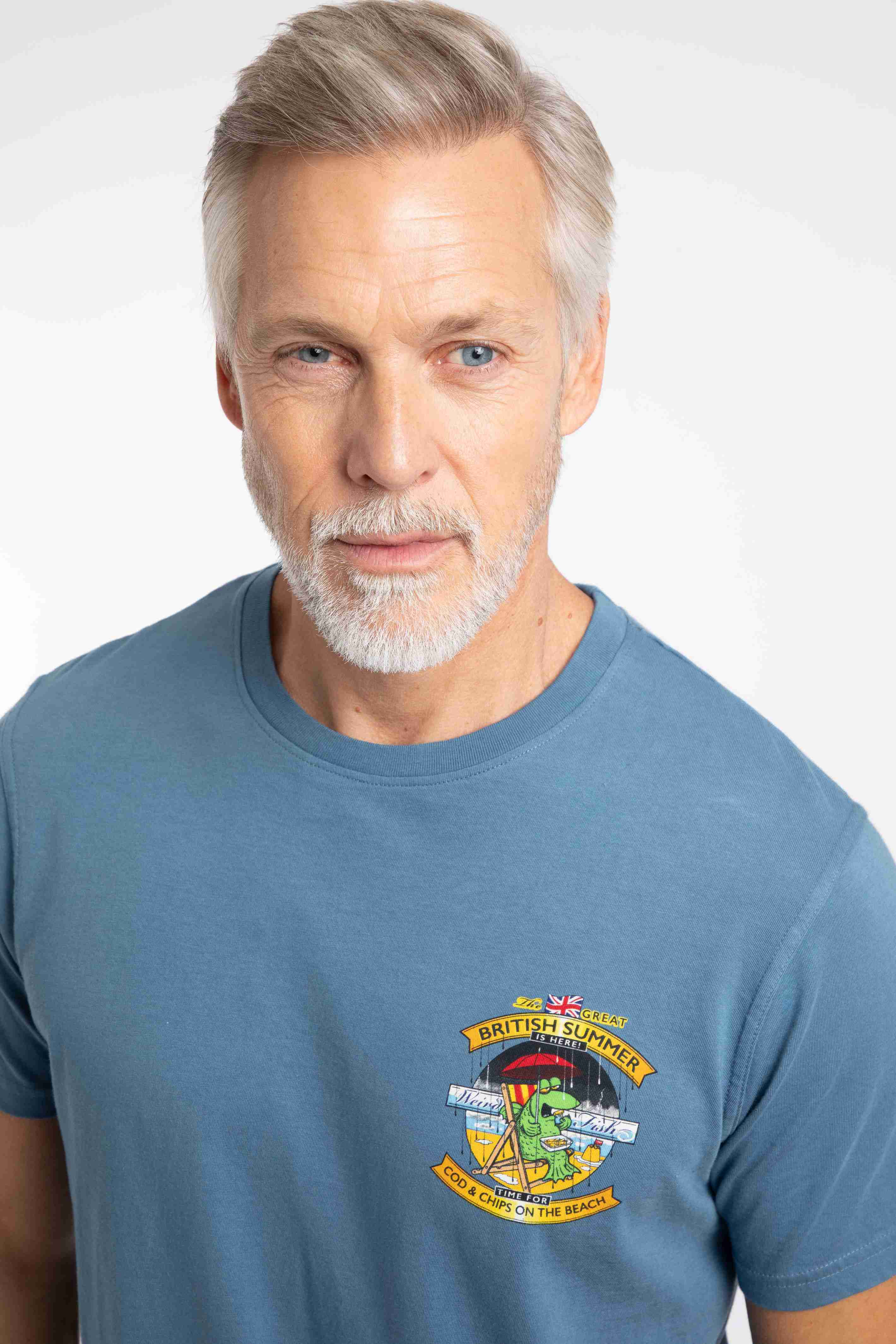 Cod and Chips Back Print Artist T-Shirt Washed Blue