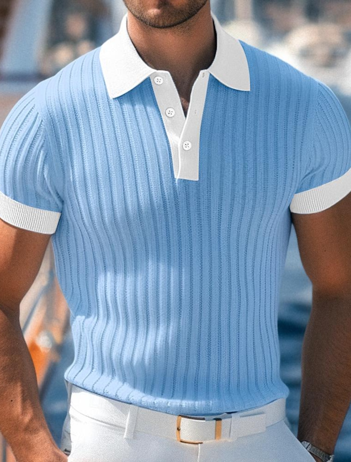 Men's Textured Muscle Shirt Casual Work Ribbed Polo Collar Classic Short Sleeve Basic Modern Color Block Ribbed Spring & Summer Slim Fit Blue White Yellow Green Gray Textured