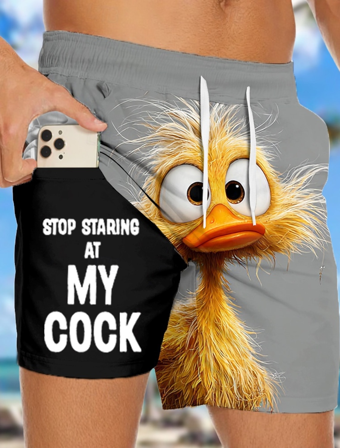 Men's Funny Duck Slang Lined Shorts 2 in 1 Board Swim Mid Waist