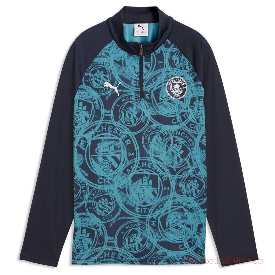 Manchester City Training Shirt Pre Match 1/4 Zip - Deep Navy/Tropical Blue Kids