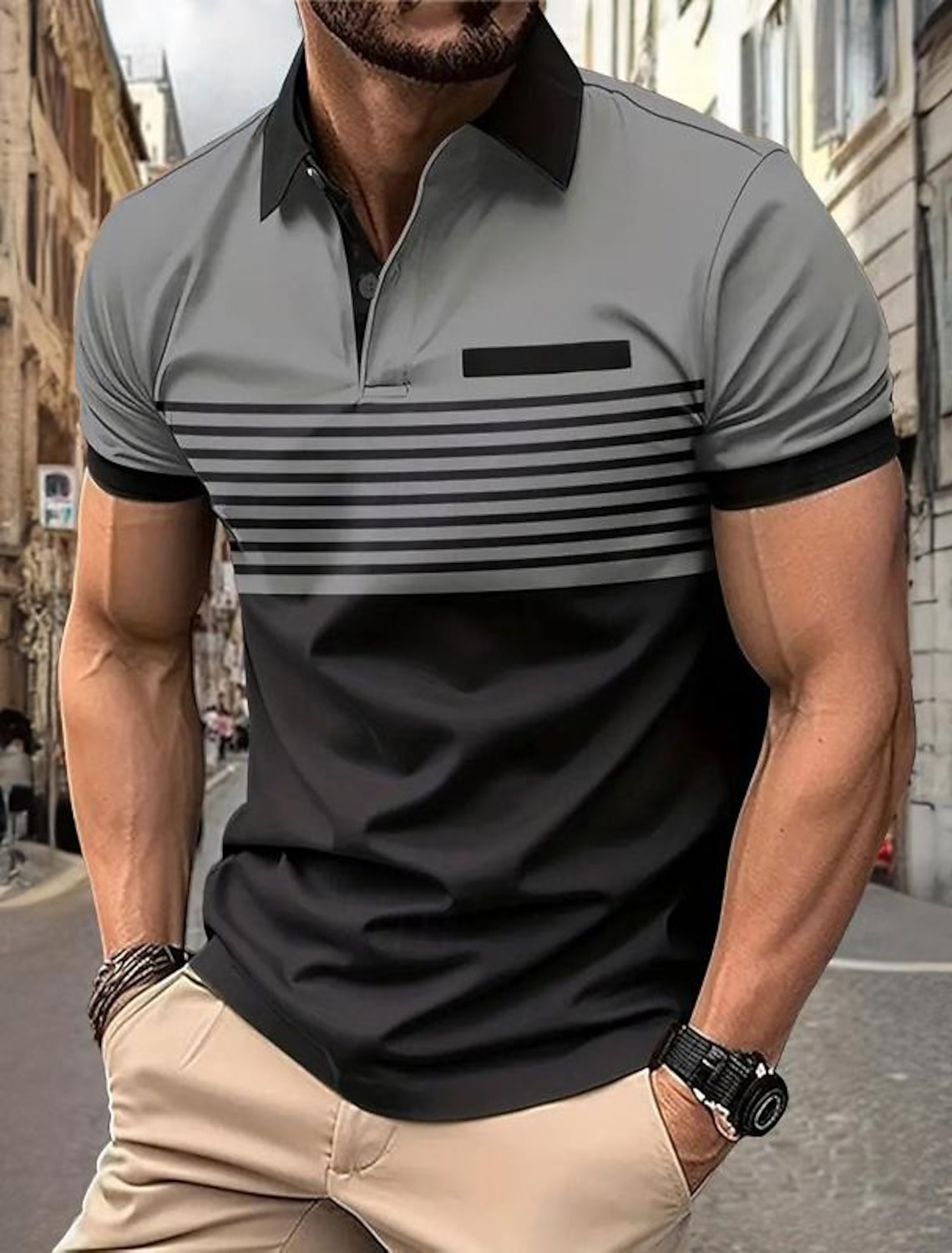 Men's Horizontal Stripes Polo Long Sleeve Shirts Collared Business
