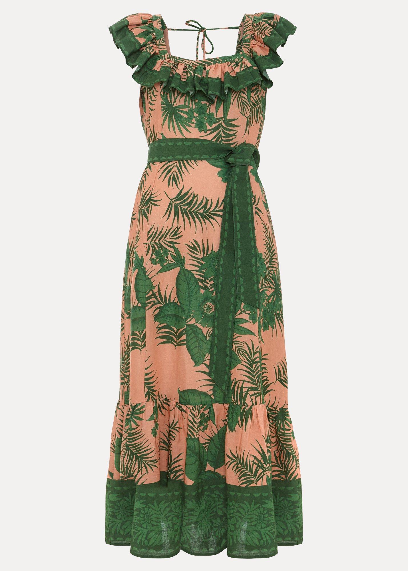 Sandra Frill Sleeve Palm Midi Dress