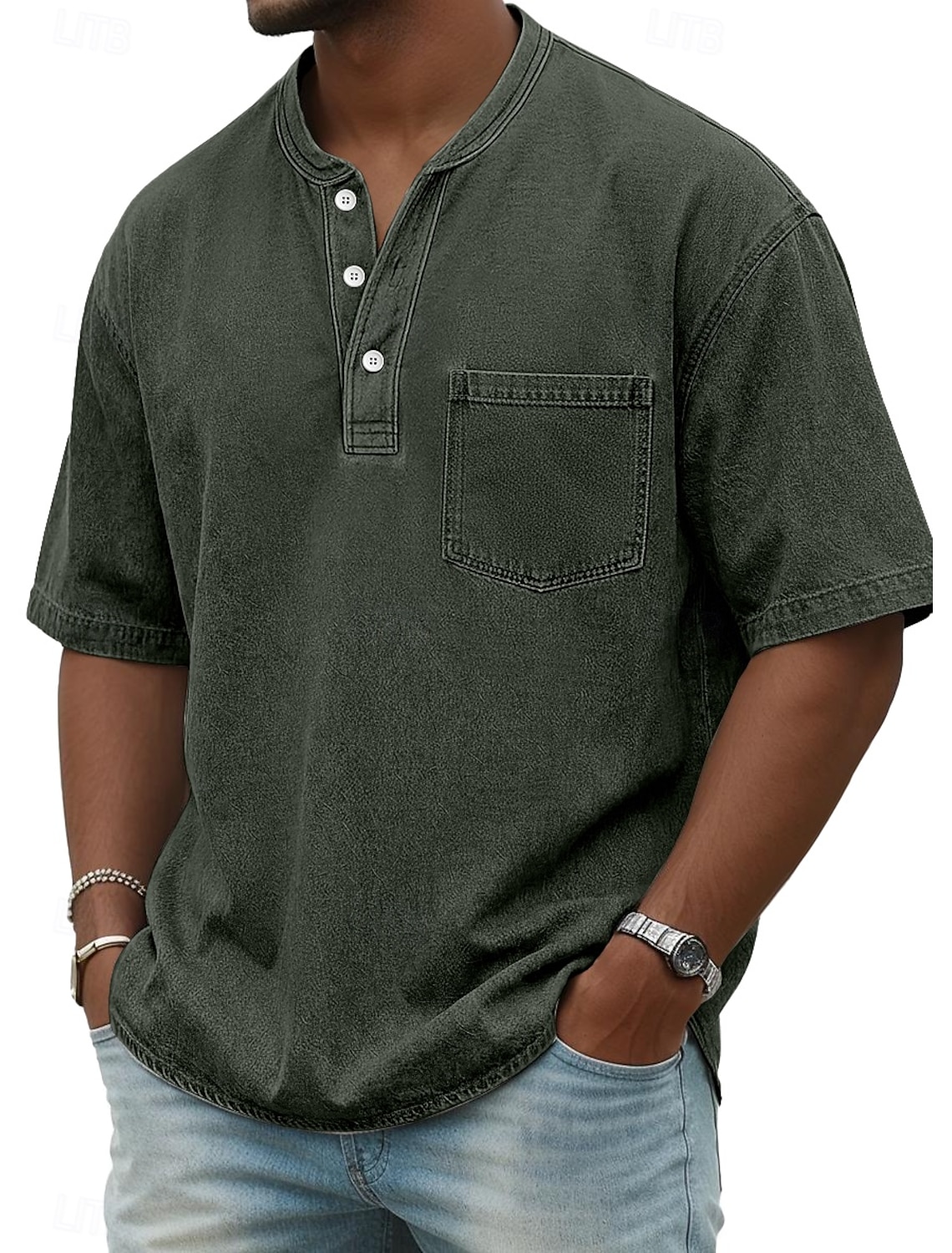 Men's Henley Shirt 100% Cotton Acid Wash T Tee Short Sleeve Solid #2