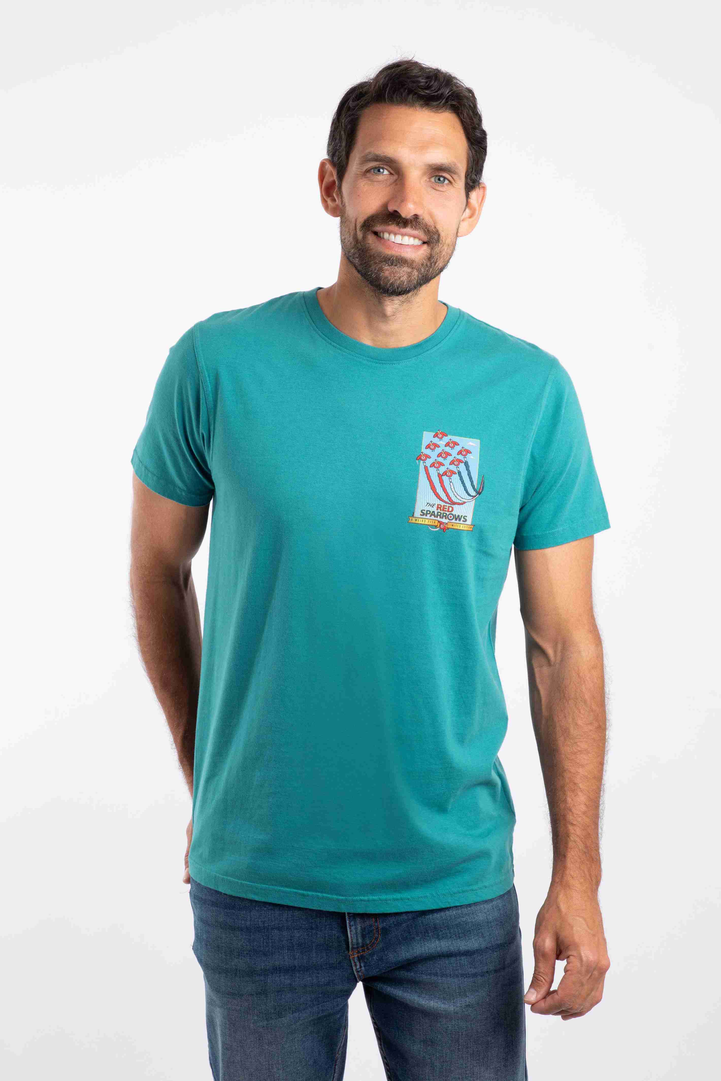 Red Sparrows Back Print Artist T-Shirt Deep Teal