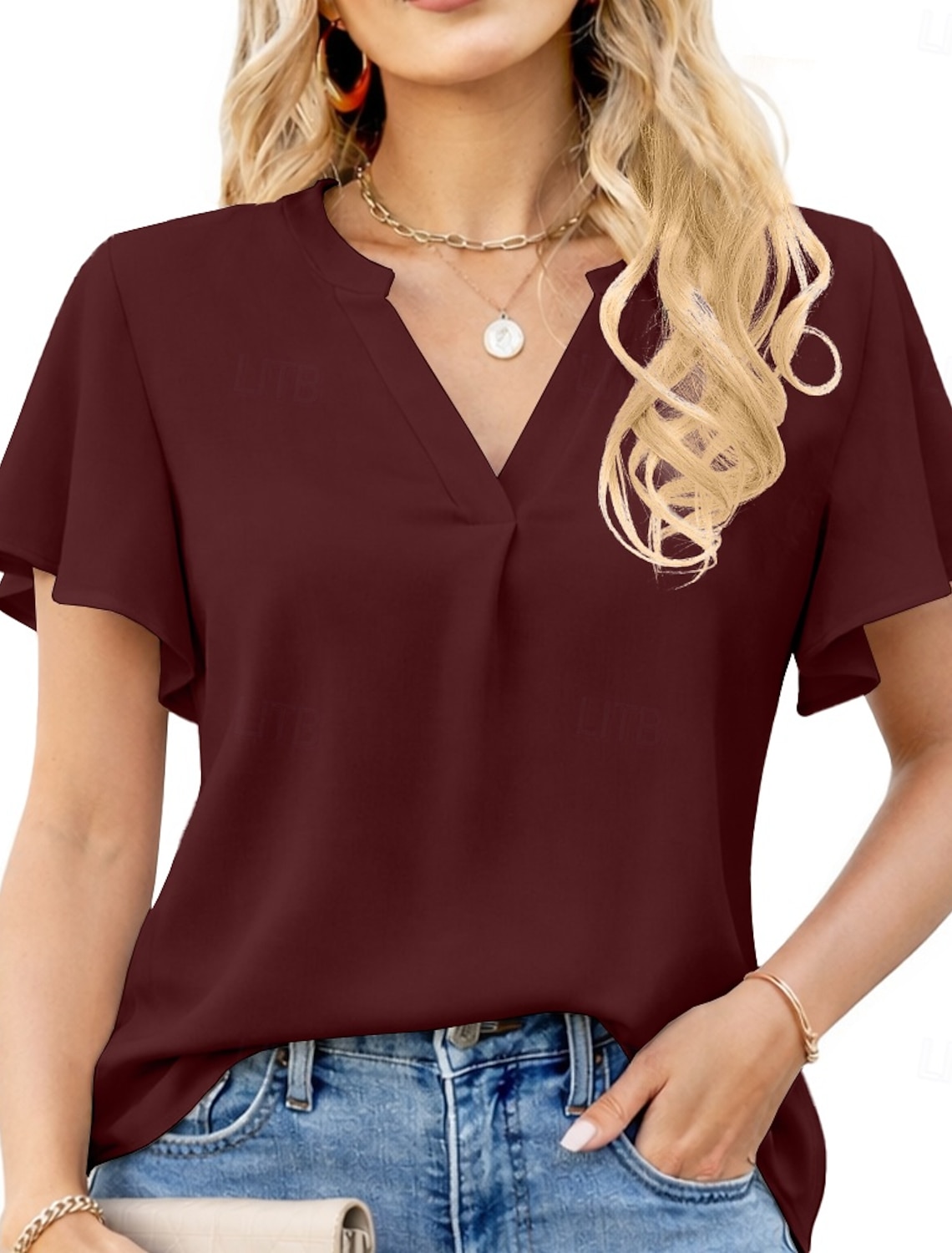 Women's Shirt Summer Shirt Casual Shirt Chiffon Tops Ruffle Solid Color Plain Elegant Vacation Fashion Short Sleeve V Neck Regular Tops Daily Holiday Going out Blue Black White Light Green Pink