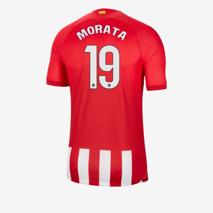 Atlético Madrid's MORATA 19 Home Jersey for the 23-24 season.