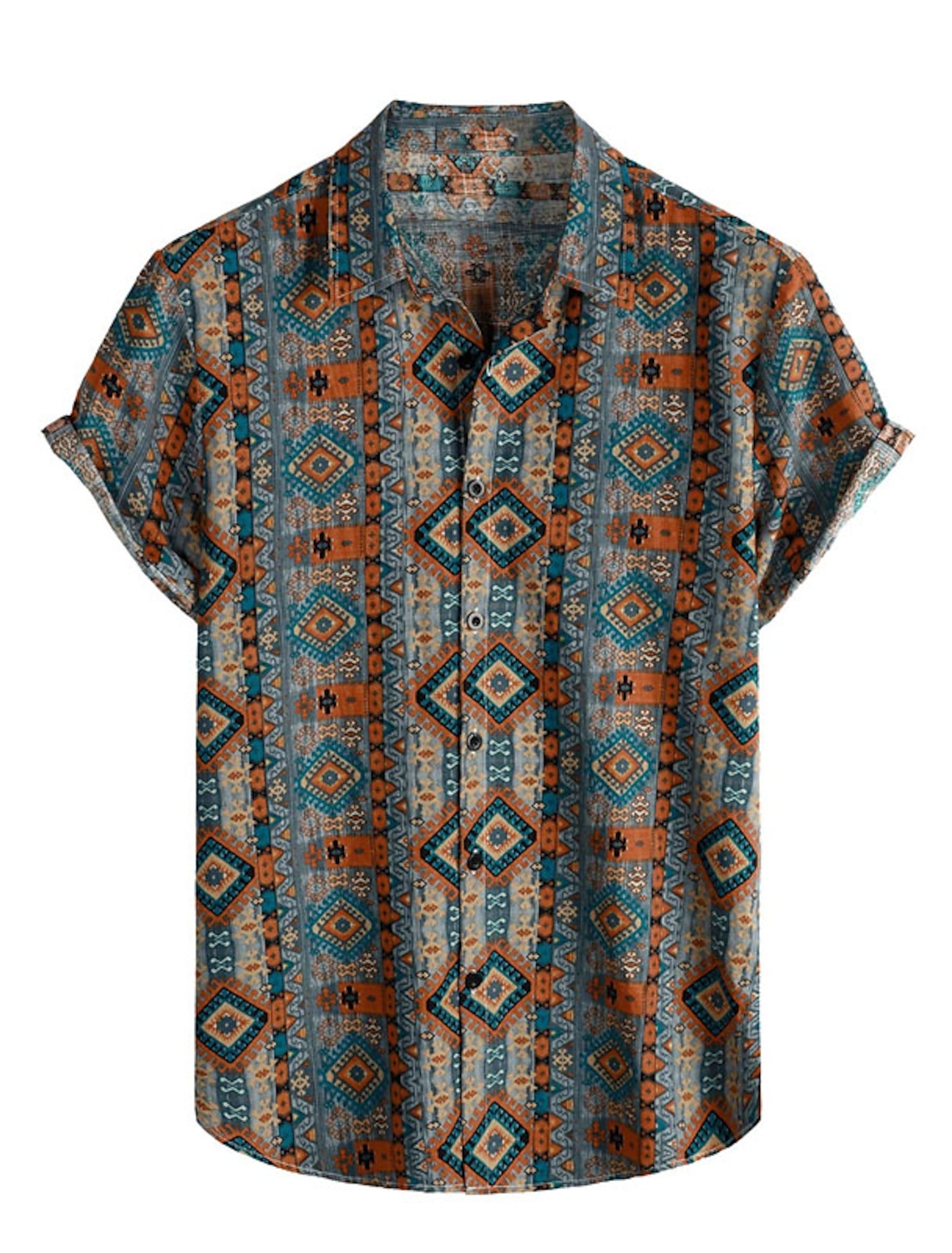 Men's Tribal Vintage Ethnic Shirt Button Up Shirt Short Sleeve Tropical Fashion Hawaiian Casual Beach Holiday Summer Spring Turndown Print Button-Down Navy Blue Sky Blue Orange Rainbow Coffee