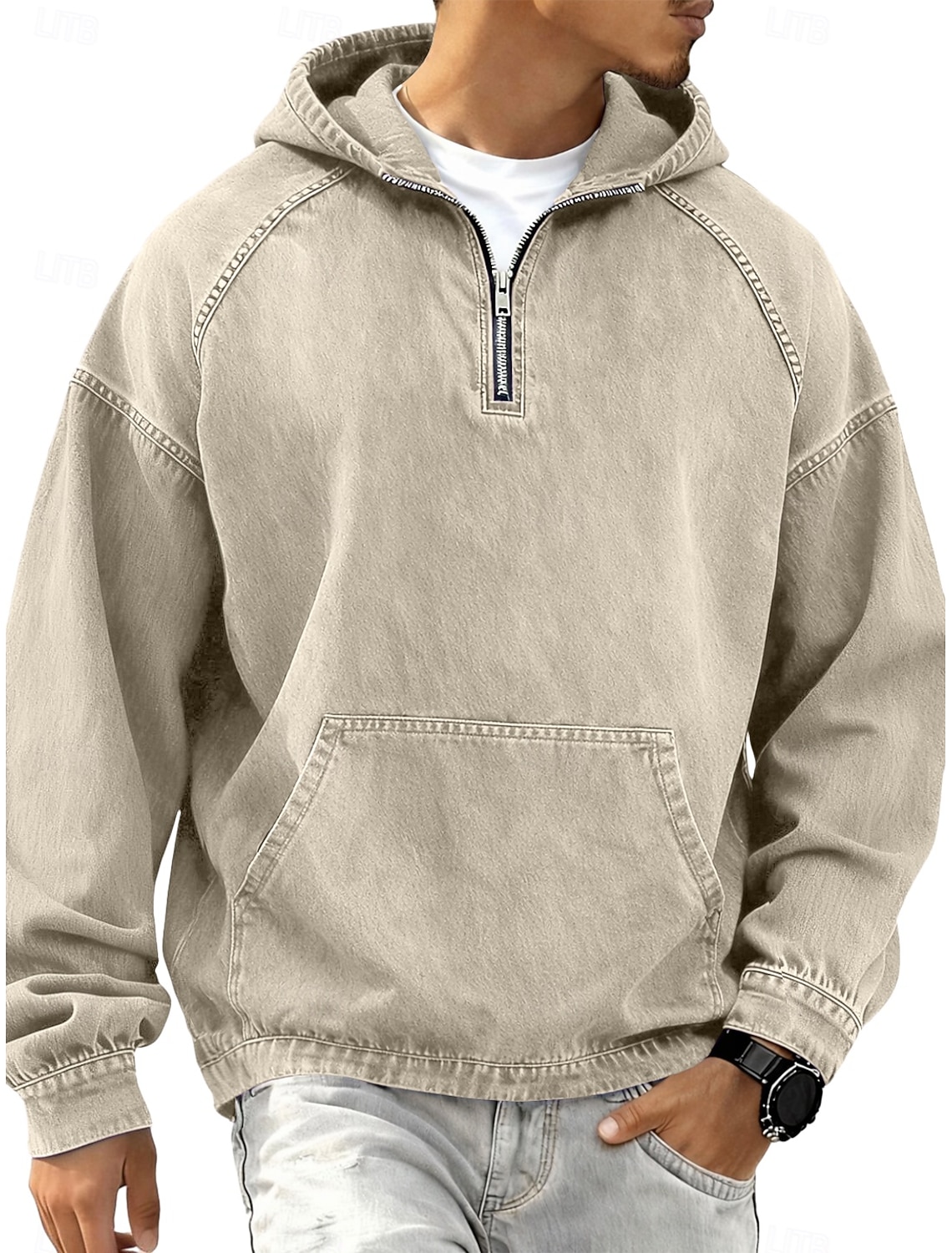 Men's Denim Shirt 100% Cotton Acid Wash Tee Top Long Sleeve Hooded