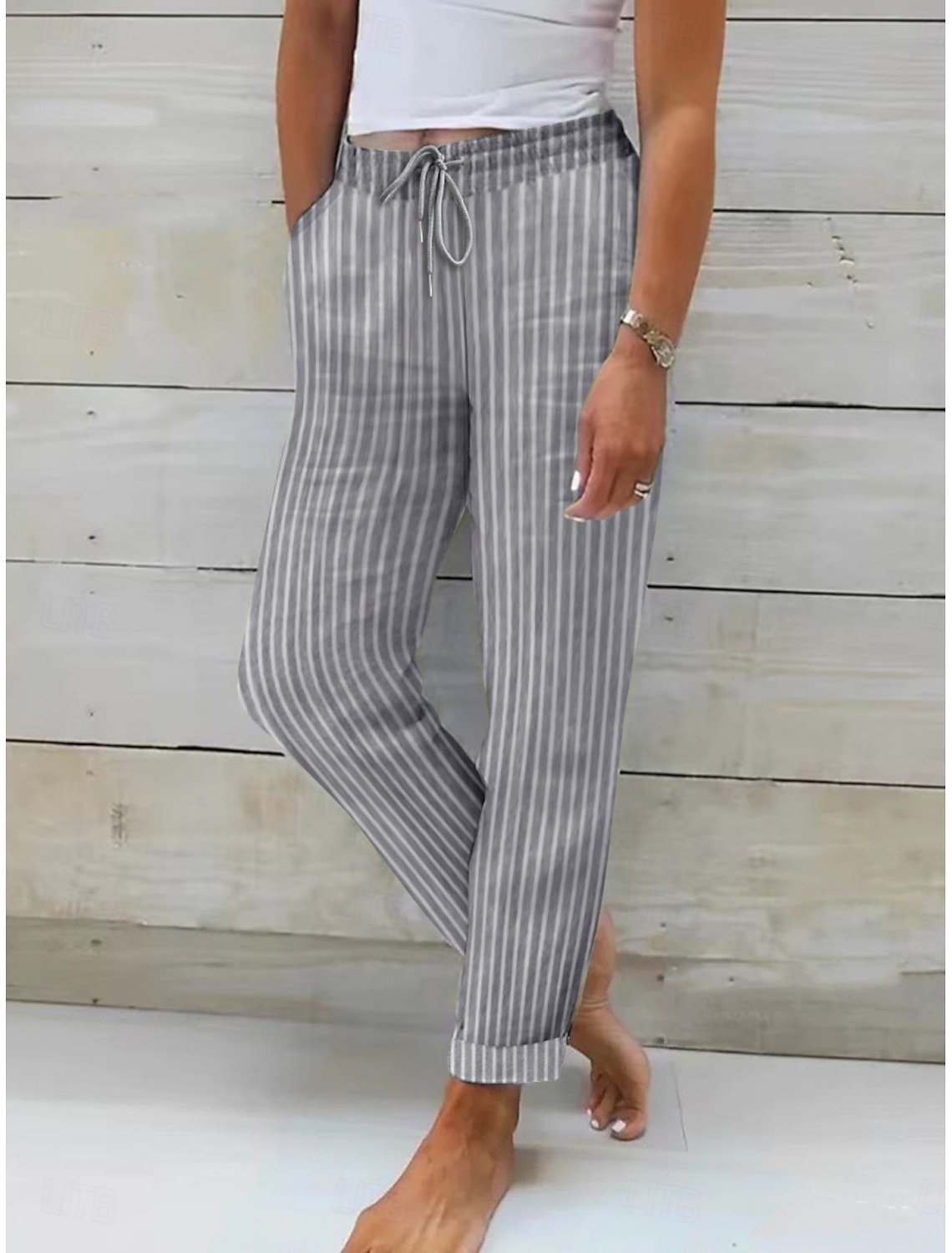 Women's Linen-feel Pants Summer Pants Pants Trousers Streetwear Casual Long High Waist Stripe Pocket Printing Elastic Drawstring Design Breathability Soft Micro-elastic Vacation Street Daily Wear