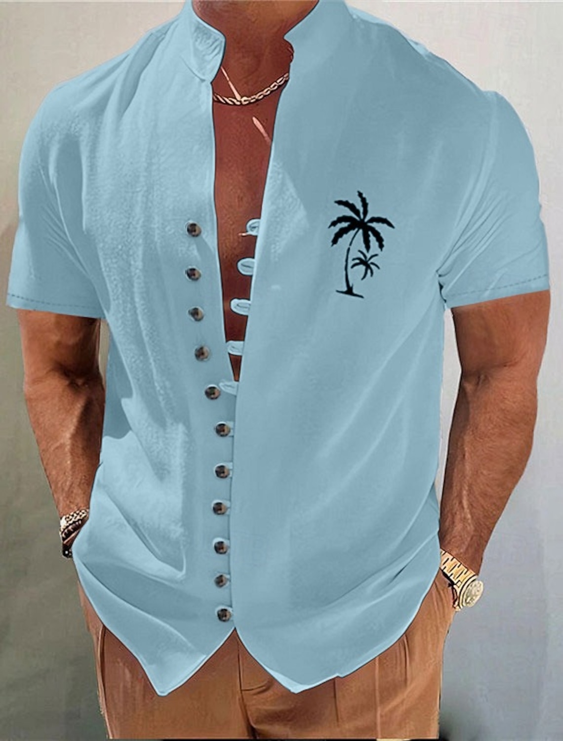 Men's Cotton Linen Shirt Coconut Tree Graphic Prints Stand Collar White Blue Khaki Gray Outdoor Street Short Sleeve Print Clothing Apparel Fashion Streetwear Designer Casual