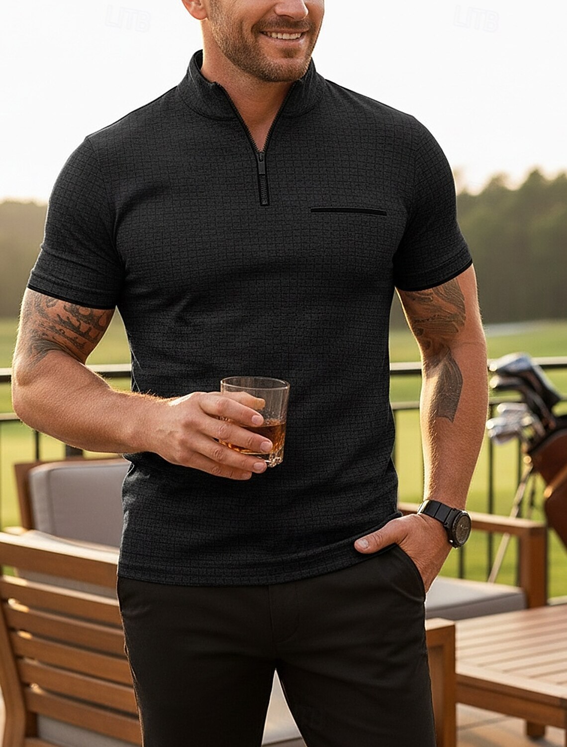 Men's Waffle Polo Shirts Zip Polo Casual Holiday Quarter Zip Short Sleeve Fashion Basic Plain Quarter Zip Summer Spring All Seasons Slim Fit Black Navy Blue Waffle Polo Shirts