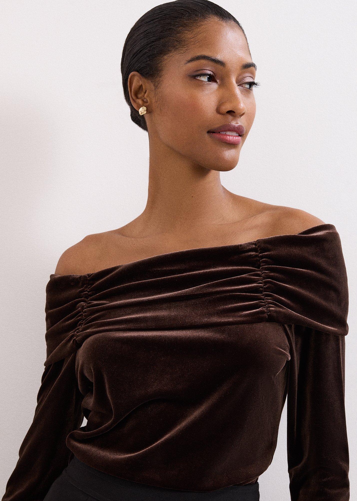 Orelia Brown Velvet Bardot Top