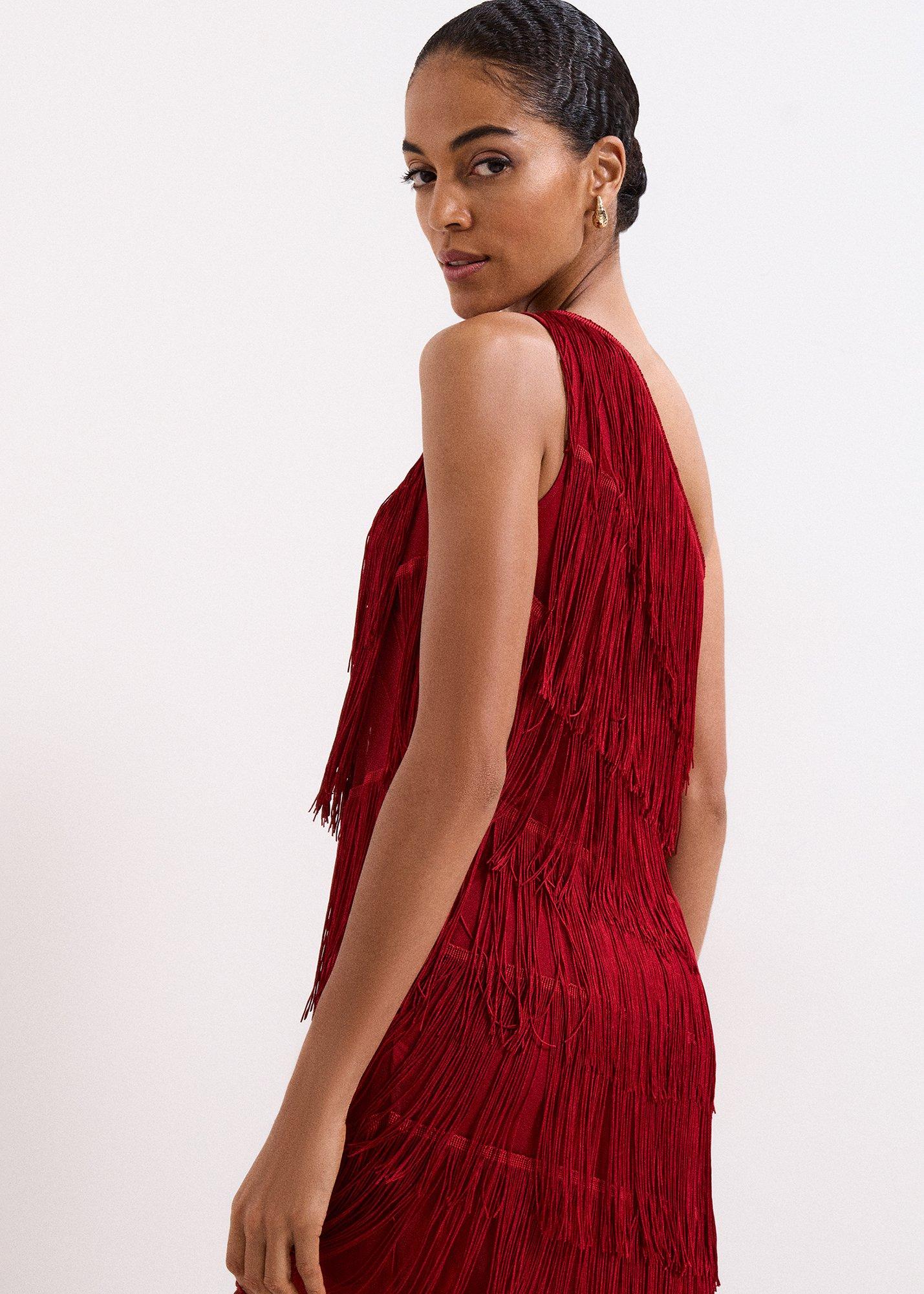 Otto Red One Shoulder Fringe Maxi Dress