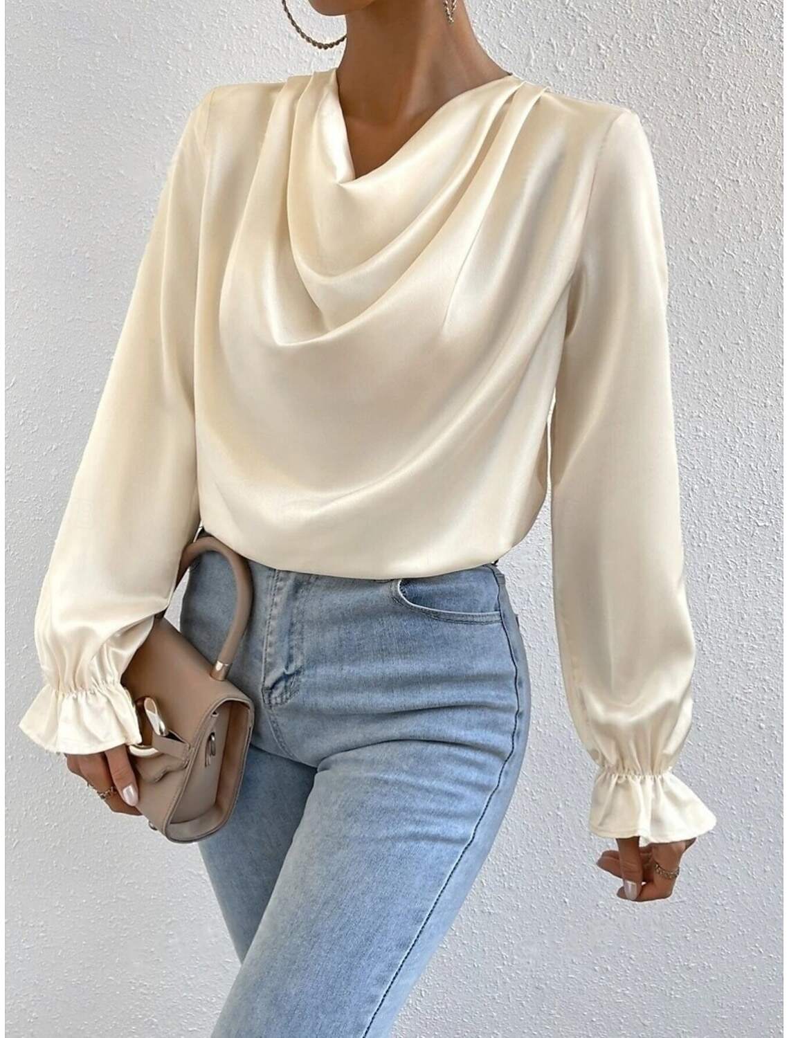 Women's Shirt Blouse Stylish Casual Solid Color Regular Tops Long Sleeve Cowl Neck Ruched Regular Fit Daily Summer Spring