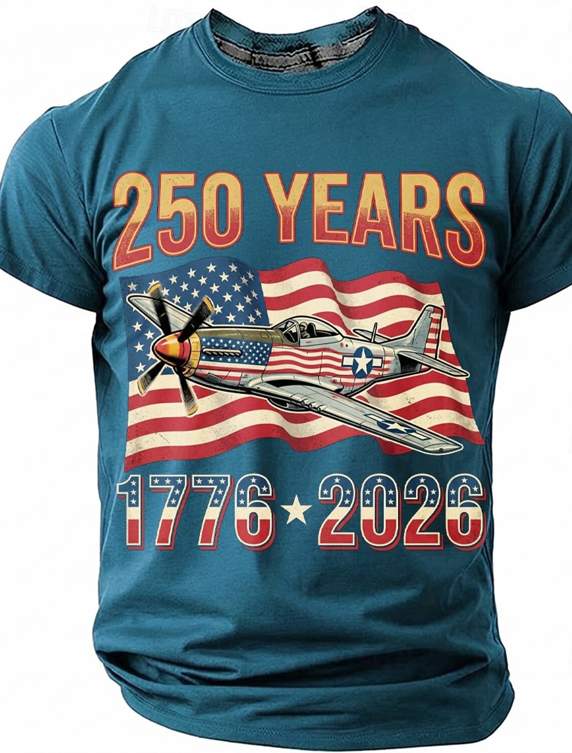 250th Anniversary July 4th 2026 Men's 250 Years 1776-2026 P-51 Mustang Fighter Plane Graphic T Shirt Short Sleeve Crew Neck Patriotic USA Flag Aviation Veteran Gift Designer Clothing Apparel